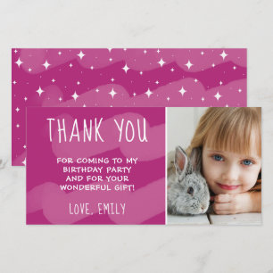 Cute Pink Wave Watercolor Star Girl Photo Thank You Card