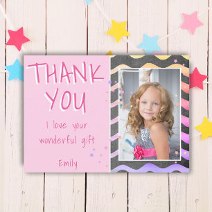 Cute Pink Waves Girl Birthday Photo Thank You Card