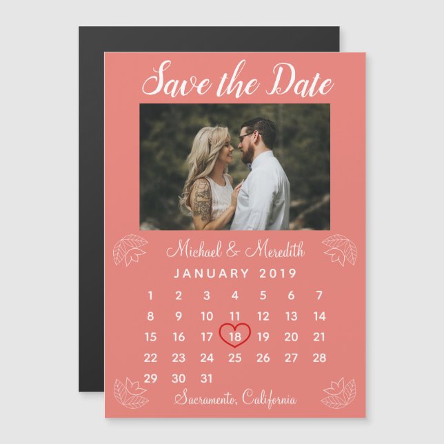 Cute Pink Wedding Calendar Photo Save the Date Magnetic Invitation (Front/Back)