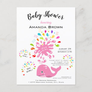 Cute Pink Whale Colourful Girl Baby Shower Invitation Postcard