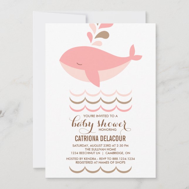 CUTE PINK WHALE IT'S A GIRL BABY SHOWER INVITATION (Front)