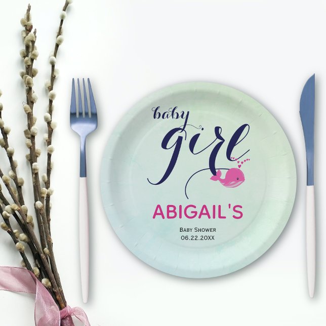 Cute  pink whale ocean themed Baby girl Shower Paper Plate (Creator Uploaded)