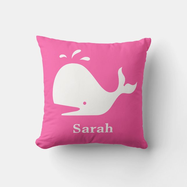 Cute Pink Whale Sea Lion White Name Cushion (Front)
