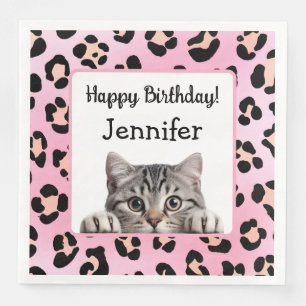 Cute Pink Whimsical Cat Birthday Paper Napkin