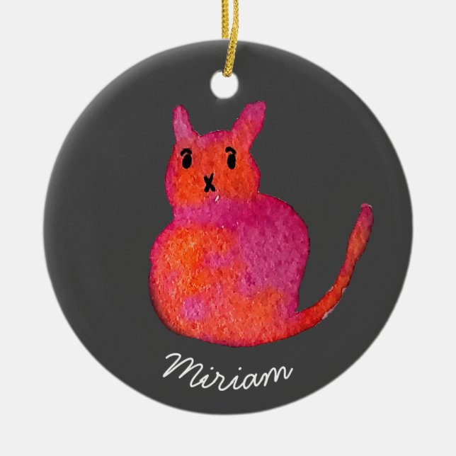Cute pink whimsical cat watercolor illustration ceramic ornament (Front)