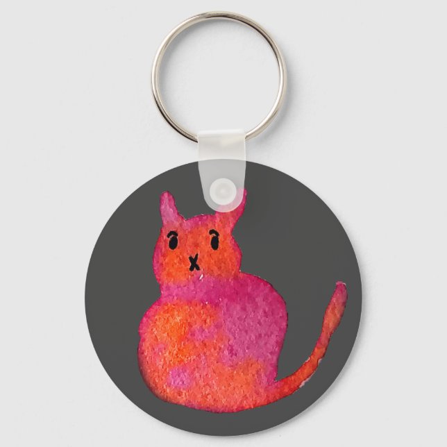 Cute pink whimsical cat watercolor illustration key ring (Front)