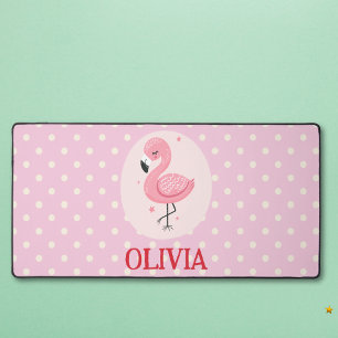 Cute Pink Whimsical Flamingo with Polka Dots Desk Mat