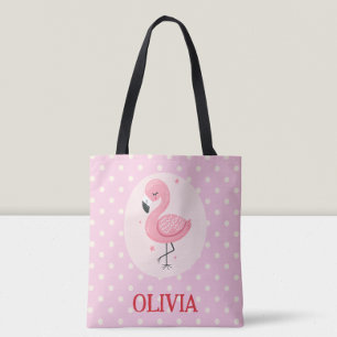 Cute Pink Whimsical Flamingo with Polka Dots Tote Bag