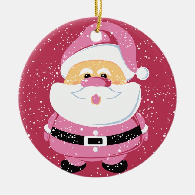 Cute pink whimsical Santa Claus Christmas holiday Ceramic Ornament (Front)