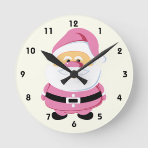 Cute pink whimsical Santa Claus Christmas holiday Round Clock