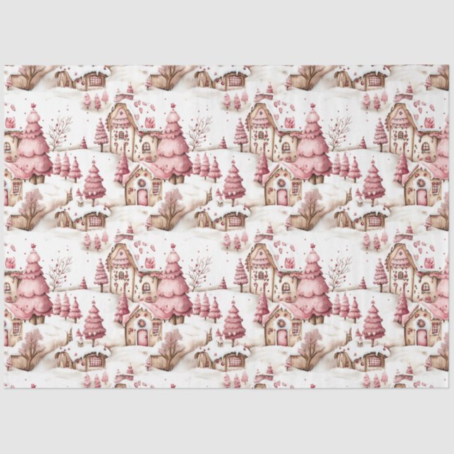 Cute Pink Whimsical Snowy Christmas Decoupage Tissue Paper (Front)