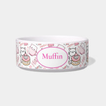 Cute Pink & White Cat Print Personalised Cat Bowl