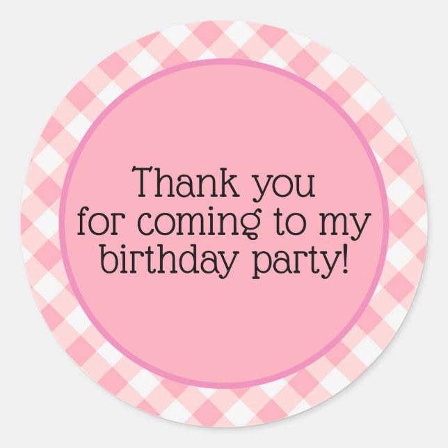 Cute Pink White Chequered Gingham Birthday Thank Classic Round Sticker (Front)