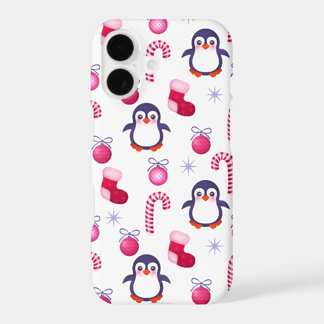 Cute Pink & White Christmas Pattern with Penguins (Back)