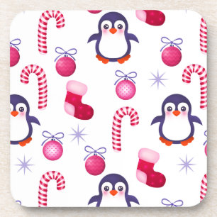 Cute Pink & White Christmas Pattern with Penguins Coaster