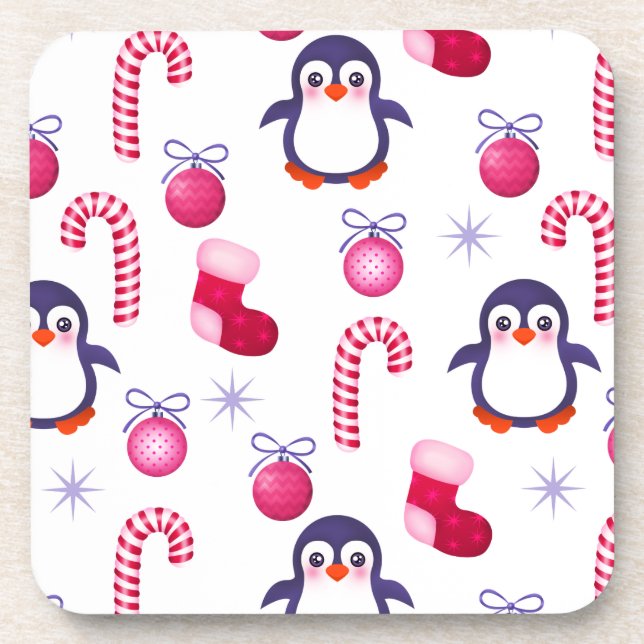 Cute Pink & White Christmas Pattern with Penguins Coaster (Front)