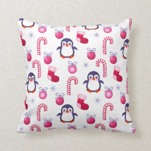 Cute  Pink & White Christmas Pattern with Penguins Cushion