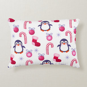 Cute Pink & White Christmas Pattern with Penguins Decorative Cushion