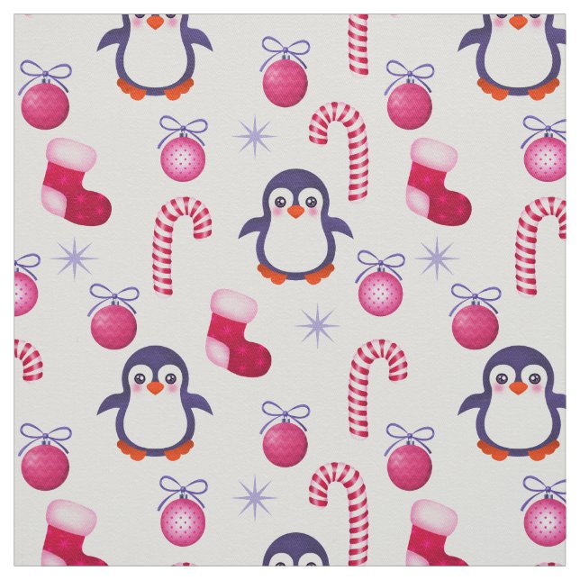 Cute Pink & White Christmas Pattern with Penguins Fabric (Swatch)