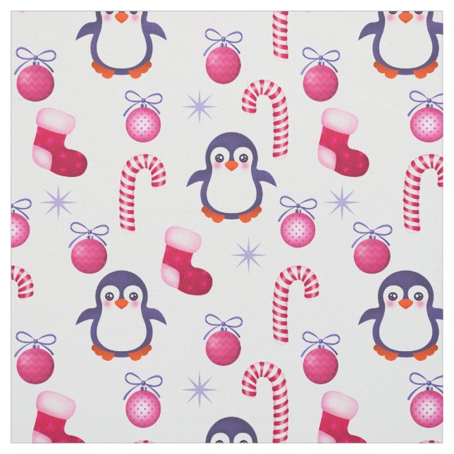 Cute Pink & White Christmas Pattern with Penguins Fabric (Swatch)