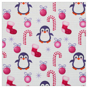 Cute Pink & White Christmas Pattern with Penguins Fabric