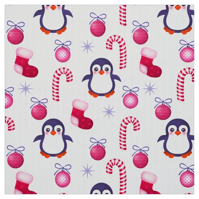 Cute Pink & White Christmas Pattern with Penguins Fabric (Swatch)