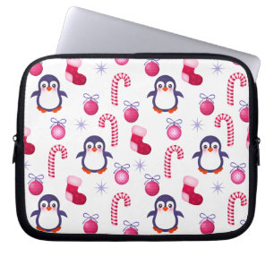 Cute Pink & White Christmas Pattern with Penguins Laptop Sleeve
