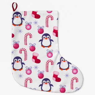 Cute Pink & White Christmas Pattern with Penguins Large Christmas Stocking