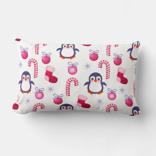 Cute  Pink & White Christmas Pattern with Penguins Lumbar Cushion