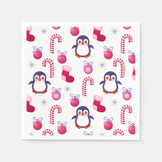 Cute Pink & White Christmas Pattern with Penguins Napkin (Front)