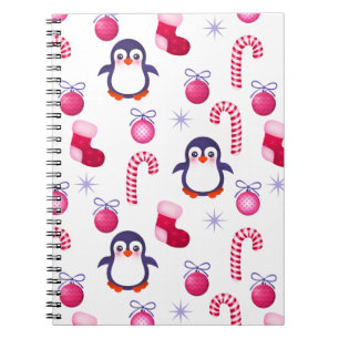 Cute Pink & White Christmas Pattern with Penguins Notebook