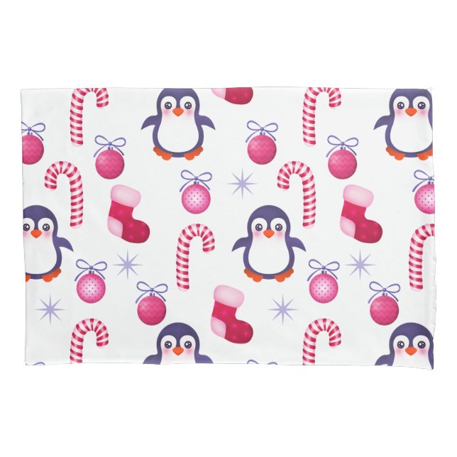 Cute Pink & White Christmas Pattern with Penguins Pillowcase (Front)