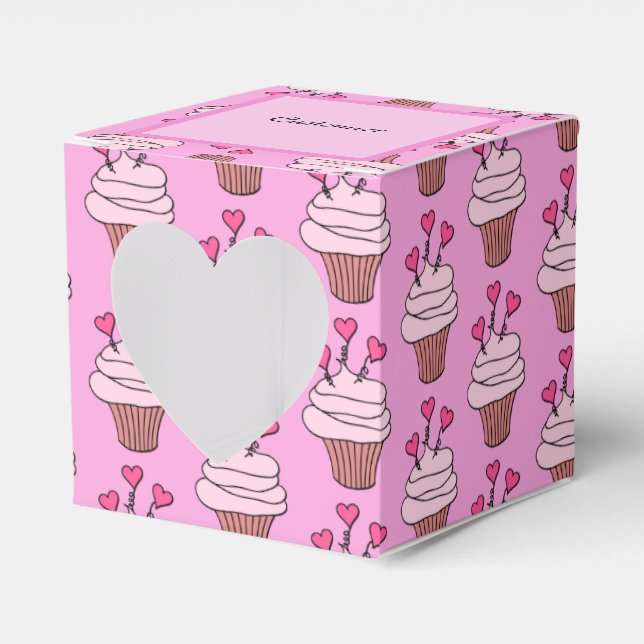 Cute Pink & White Cupcakes Heart Favour Box (Front Side)