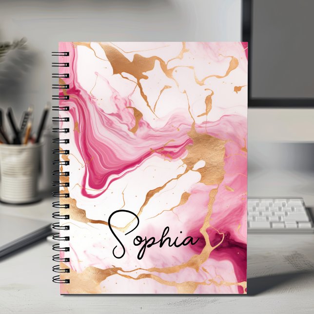 Cute pink white faux glitter marble art monogram notebook (Creator Uploaded)