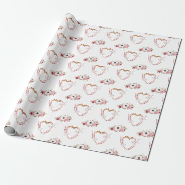 Cute Pink White Floral Heart Pattern Wrapping Paper (Unrolled)