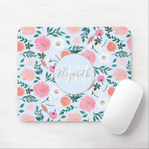 Cute Pink & White floral Paint Light blue design Mouse Pad