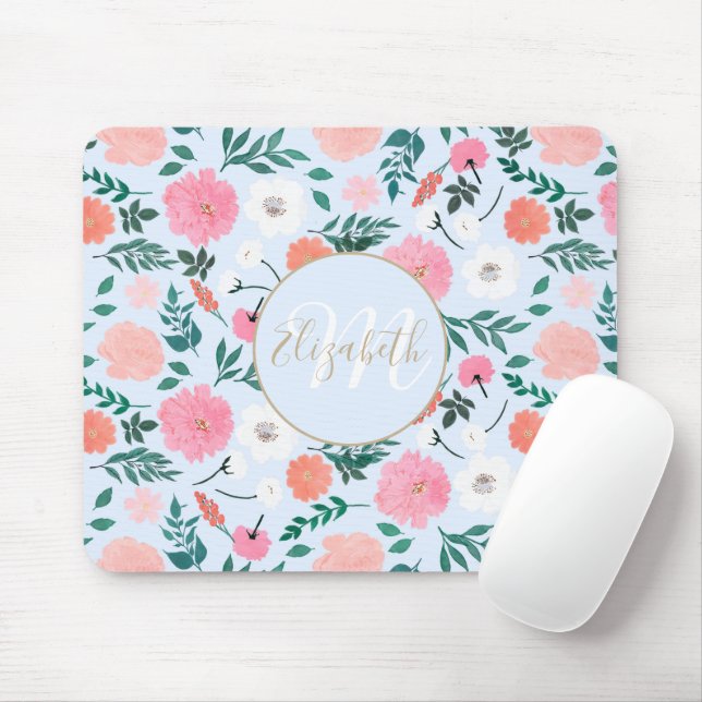 Cute Pink & White floral Paint Light blue design Mouse Pad (With Mouse)