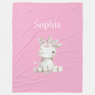 Cute Pink White Floral Unicorn Fleece Blanket