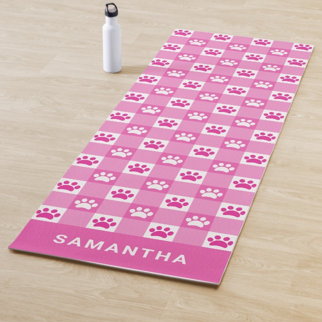 Cute Pink White Gingham Paw Prints Custom Yoga Mat (In Situ)