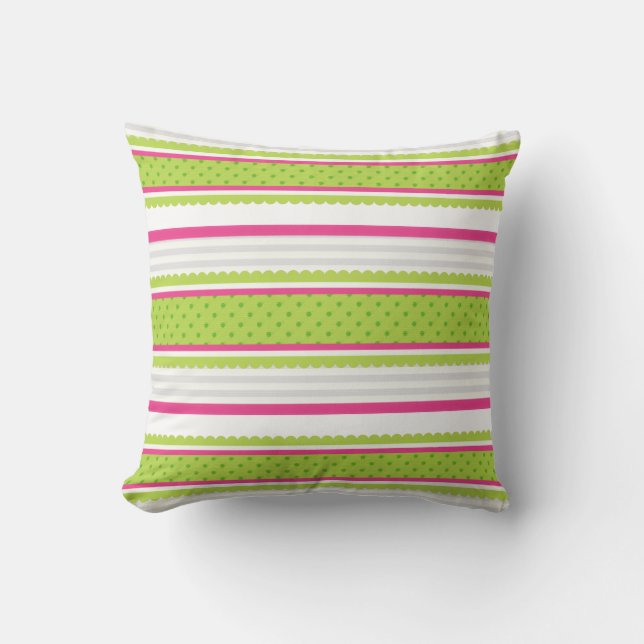 Cute Pink White Green Stripes Polka Dot Pattern Cushion (Front)