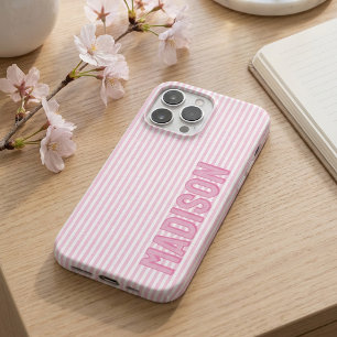 Cute Pink & White Pinstripe Personalised Name iPhone 16 Pro Case