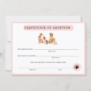 Cute Pink & White Puppy Adoption Certificate
