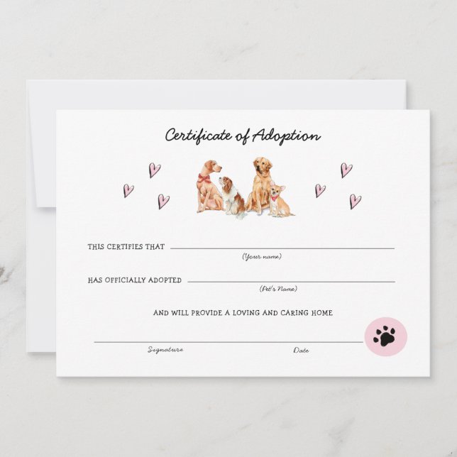 Cute Pink & White  Puppy Adoption Certificate (Front)