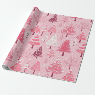 Cute Pink White Retro Christmas Trees Wrapping Paper