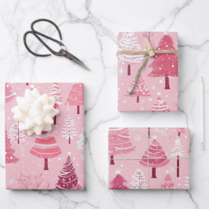 Cute Pink White Retro Christmas Trees Wrapping Paper Sheet