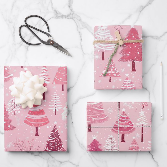 Cute Pink White Retro Christmas Trees Wrapping Paper Sheet (Front)