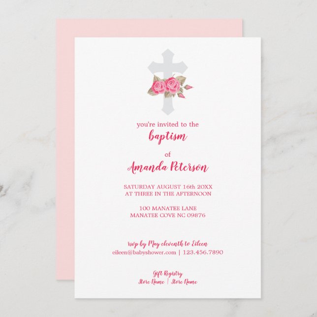 Cute Pink & White Roses Cross Baptism Invitation (Front/Back)