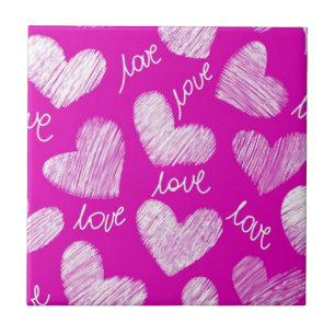 Cute Pink White Scribbled Hearts with Love Script Ceramic Tile