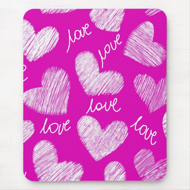 Cute Pink White Scribbled Hearts with Love Script Mouse Pad (Front)