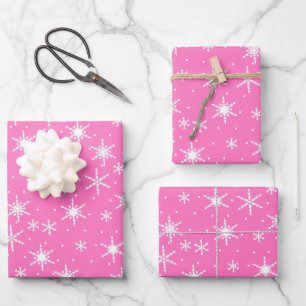Cute Pink White Snowflake Pattern Xmas Wrapping Paper Sheet